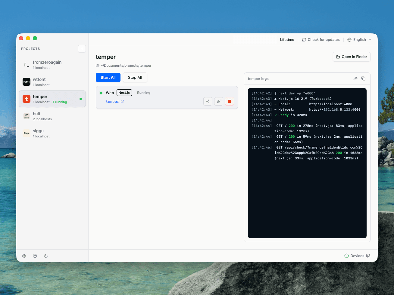 Decker desktop app running local projects and showing service logs